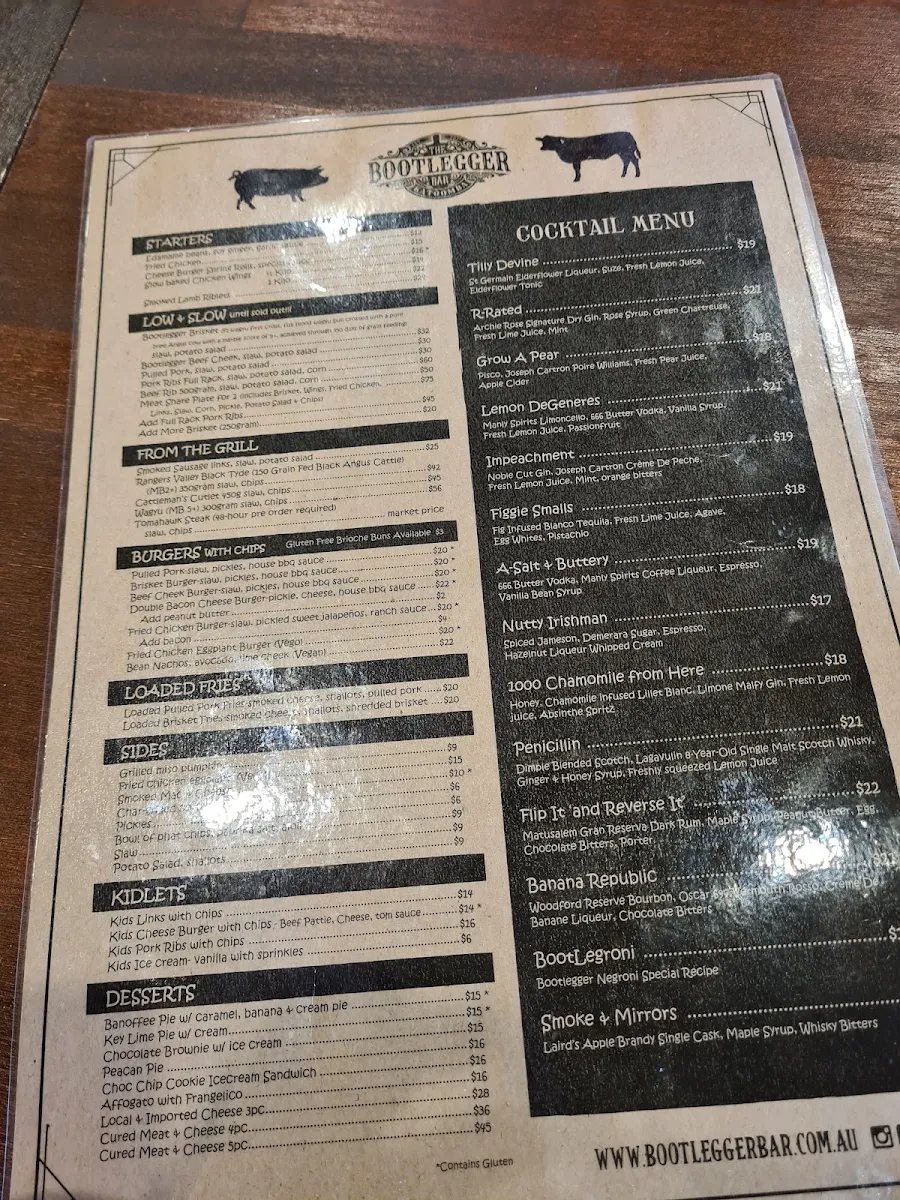 Menu, The Bootlegger Bar Katoomba