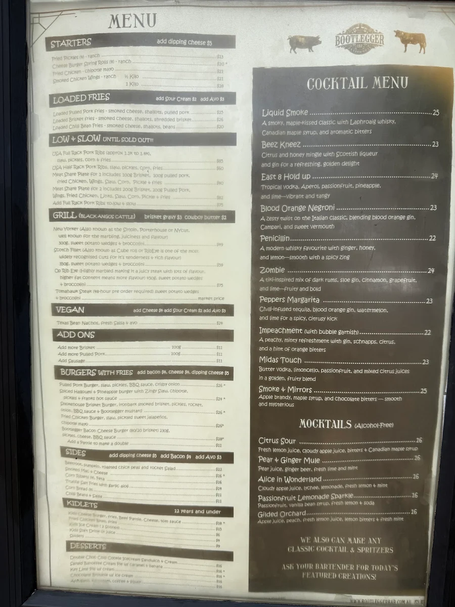 Menu, The Bootlegger Bar Katoomba