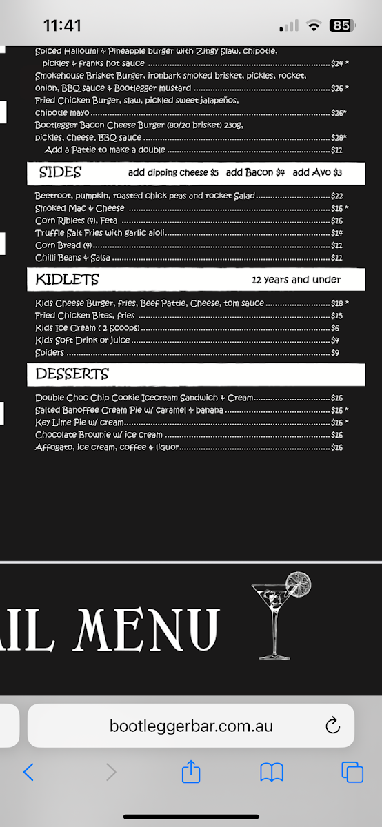 Menu, The Bootlegger Bar Katoomba