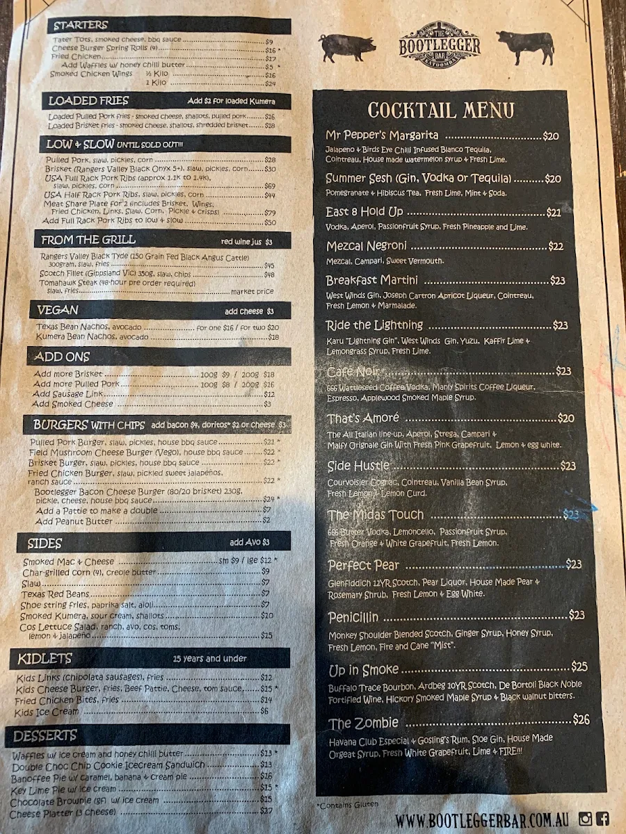 Menu, The Bootlegger Bar Katoomba