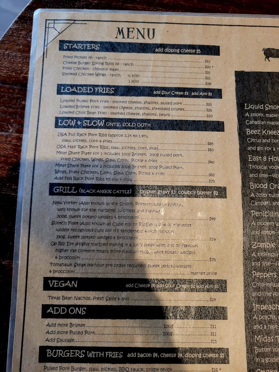 Menu, The Bootlegger Bar Katoomba