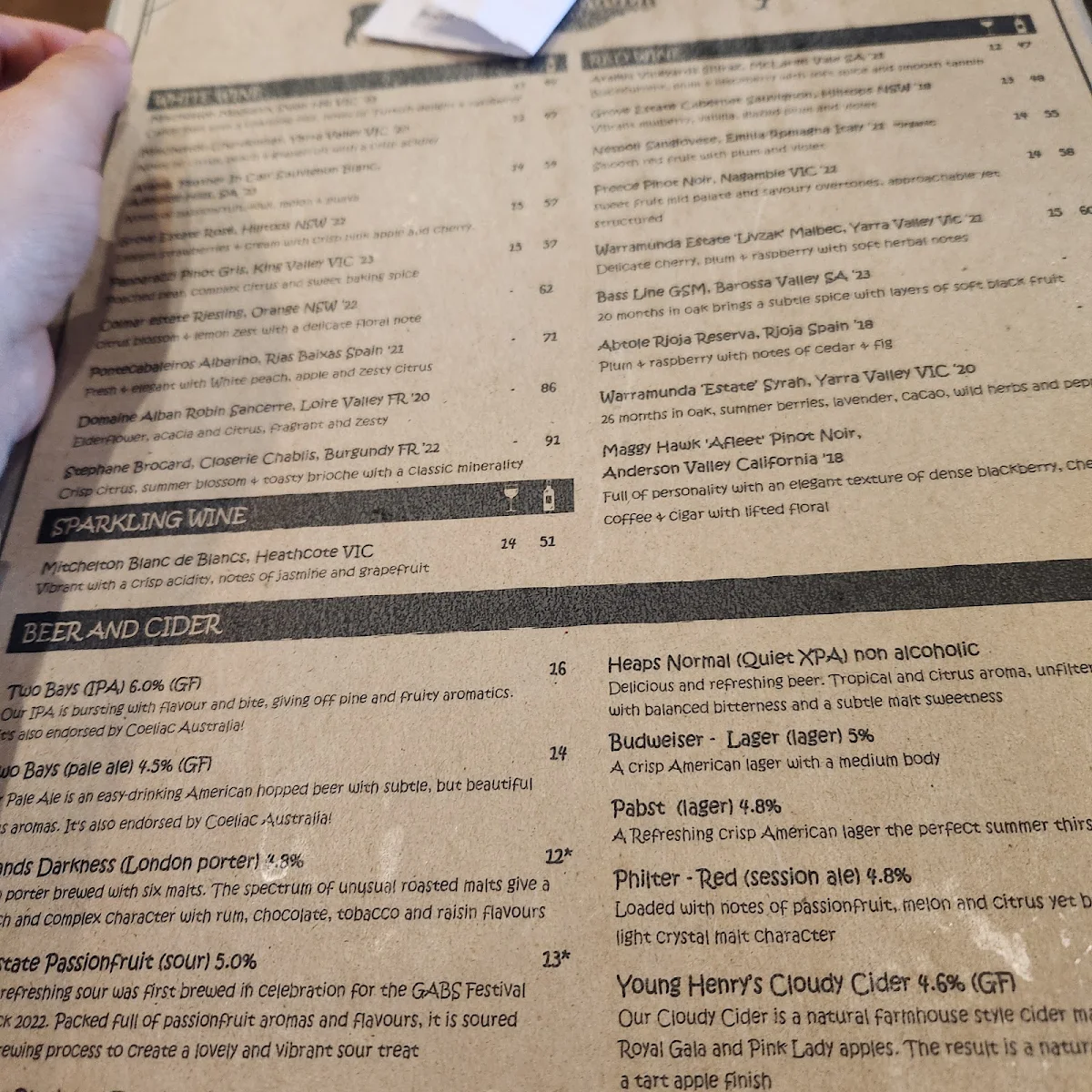 Menu, The Bootlegger Bar Katoomba
