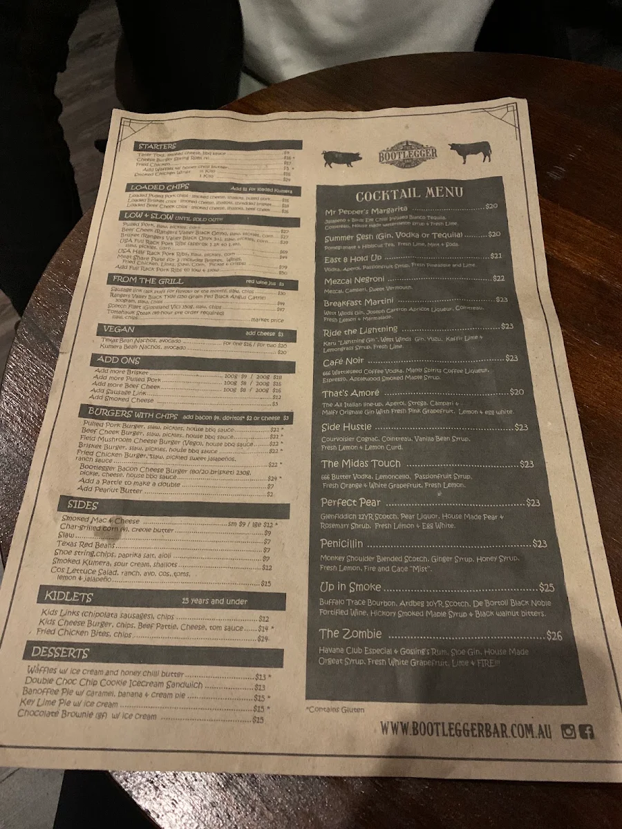Menu, The Bootlegger Bar Katoomba