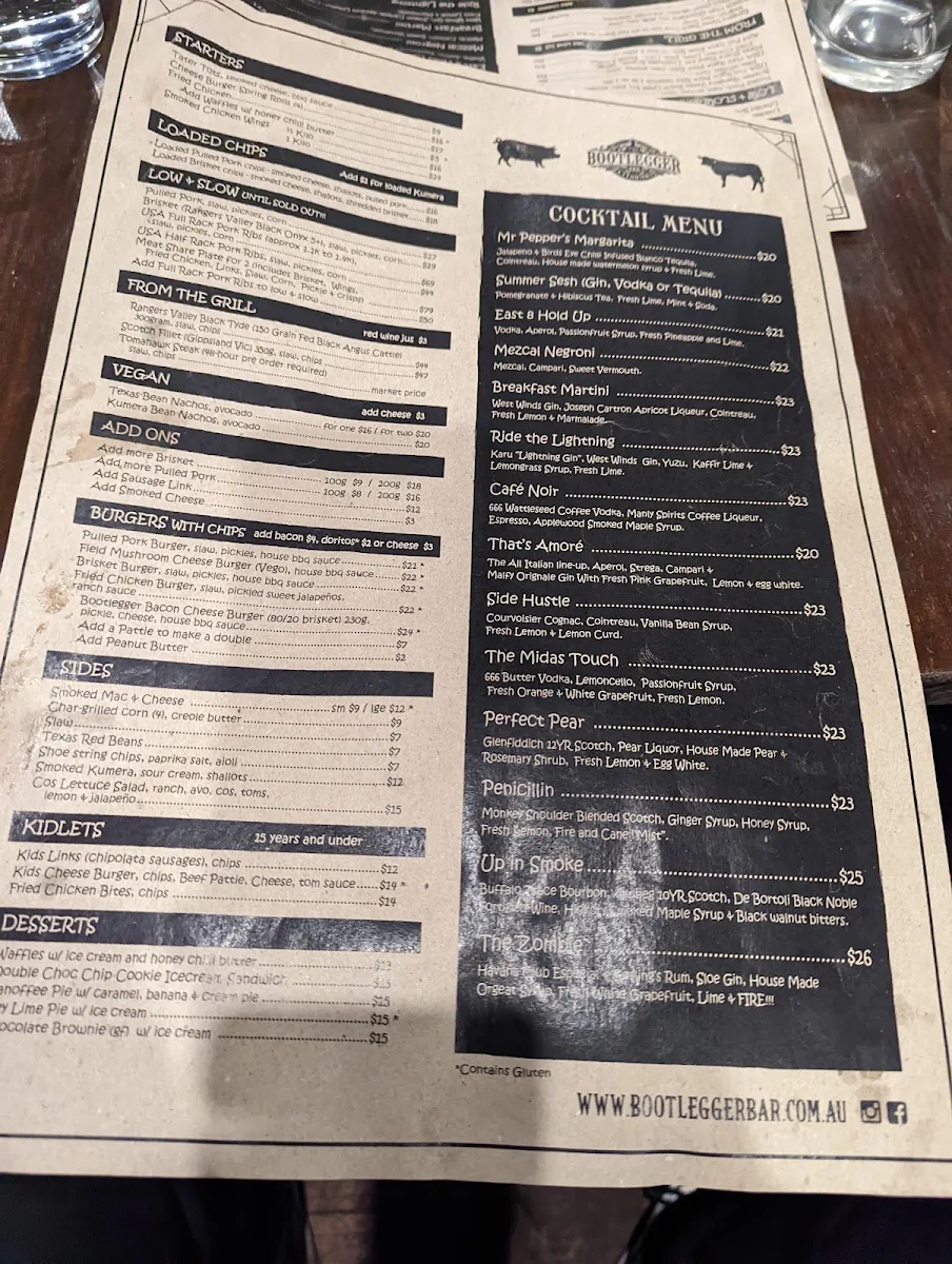 Menu, The Bootlegger Bar Katoomba