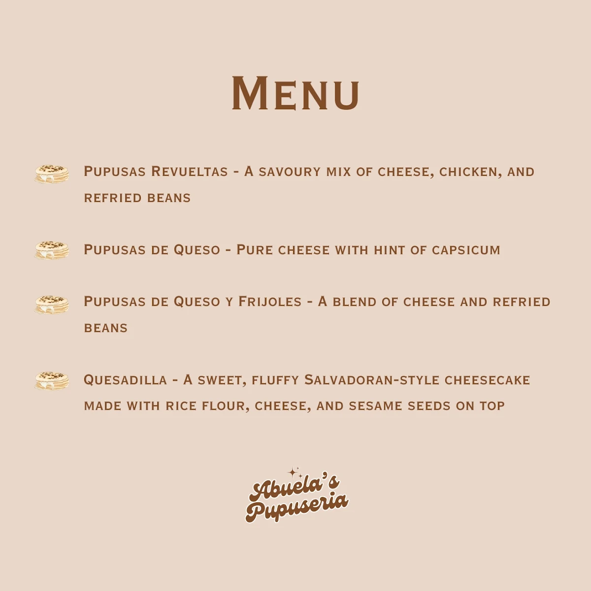 Menu, Abuela's Pupuseria