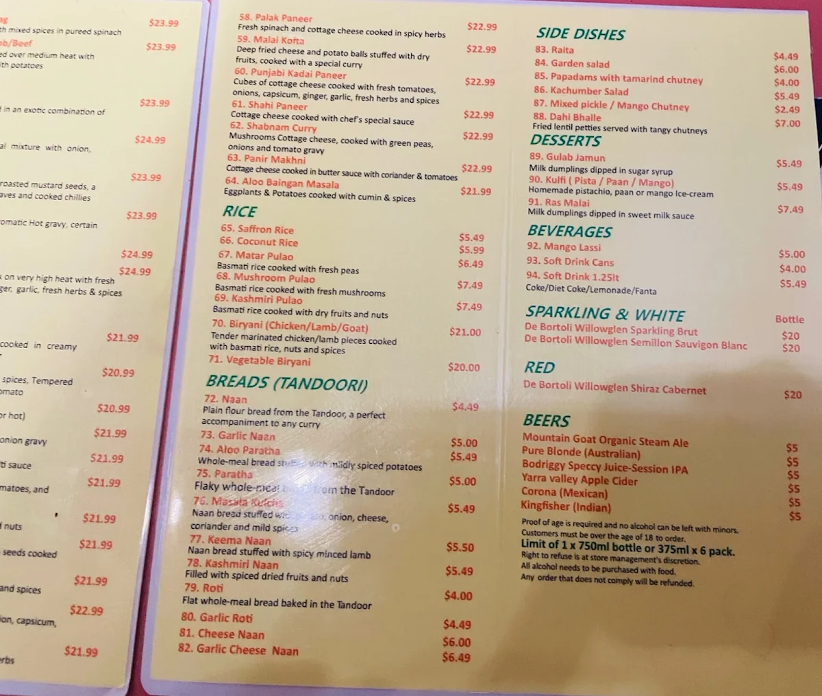 Menu, Punjabi Curry Cafe Collingwood