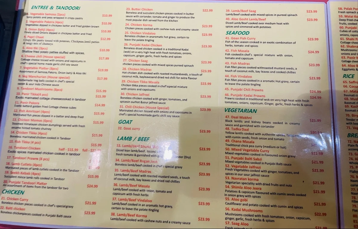 Menu, Punjabi Curry Cafe Collingwood