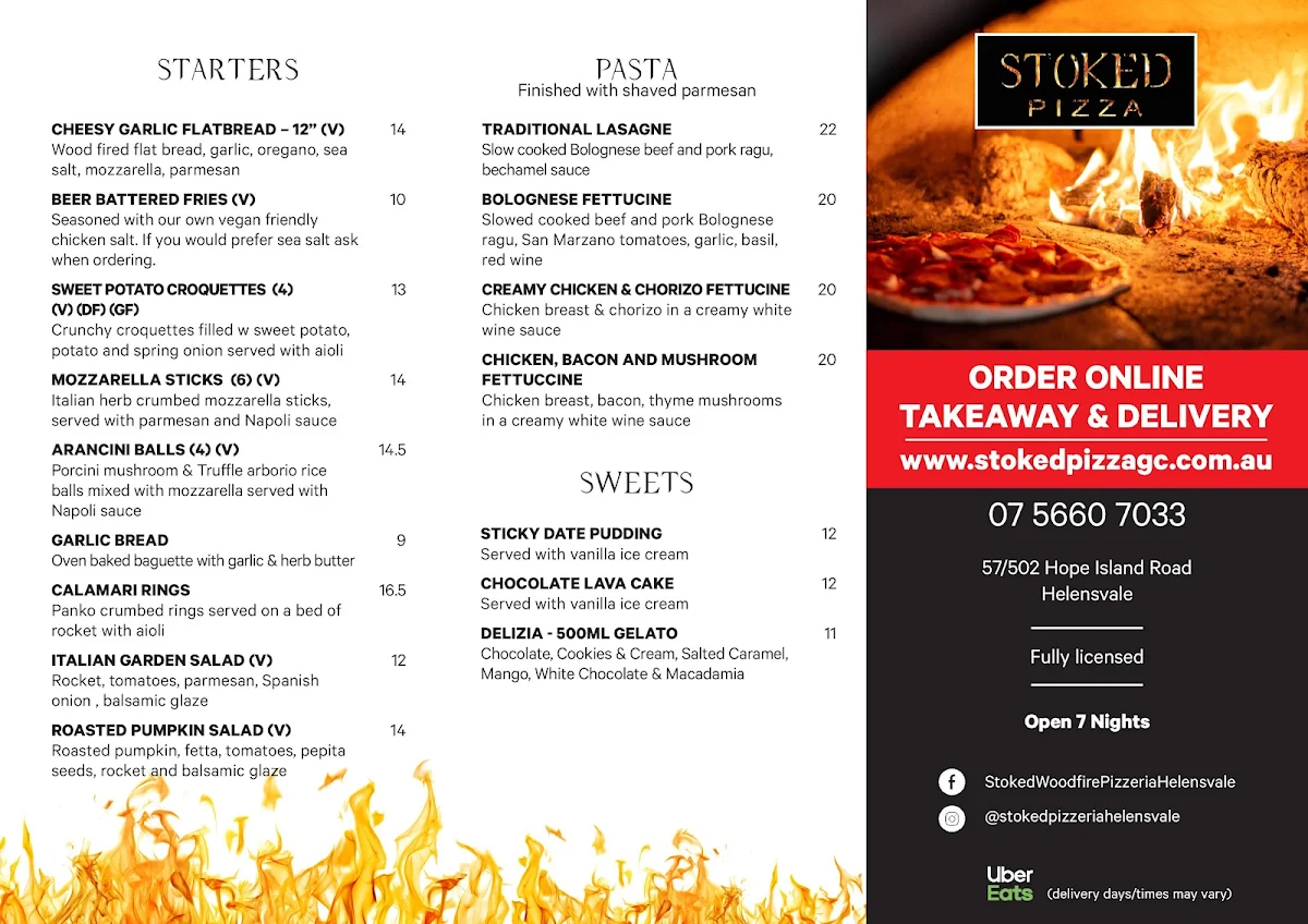 Menu, Stoked Pizza Helensvale