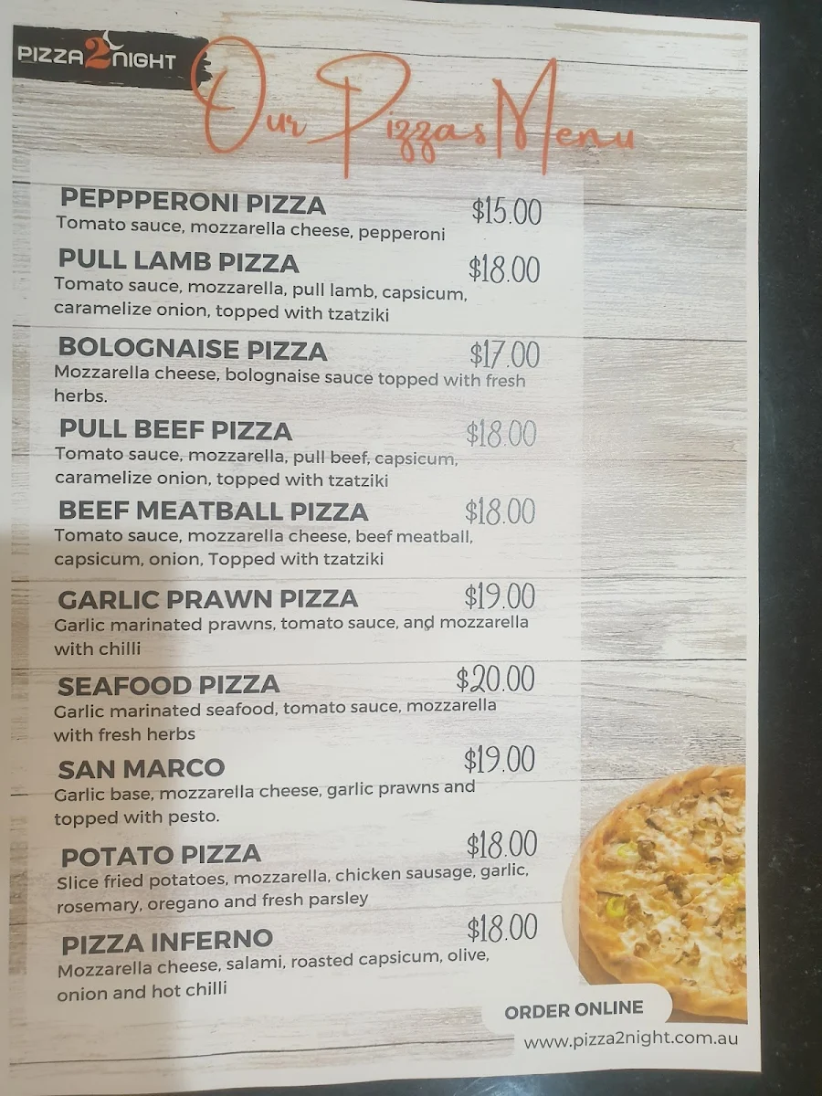 Menu, Pizza2Night