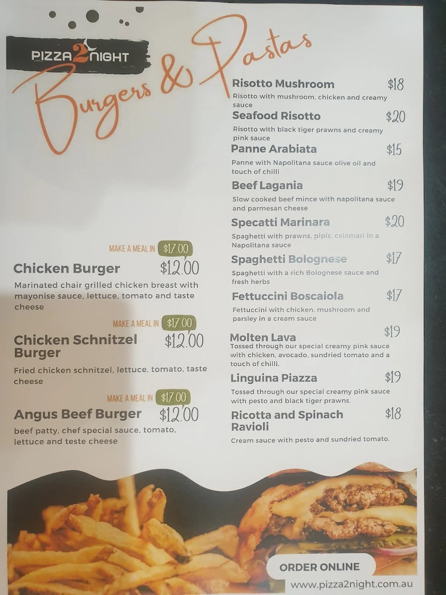 Menu, Pizza2Night