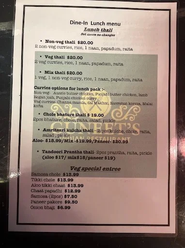 Menu, Guneet's Indian Restaurant Melton