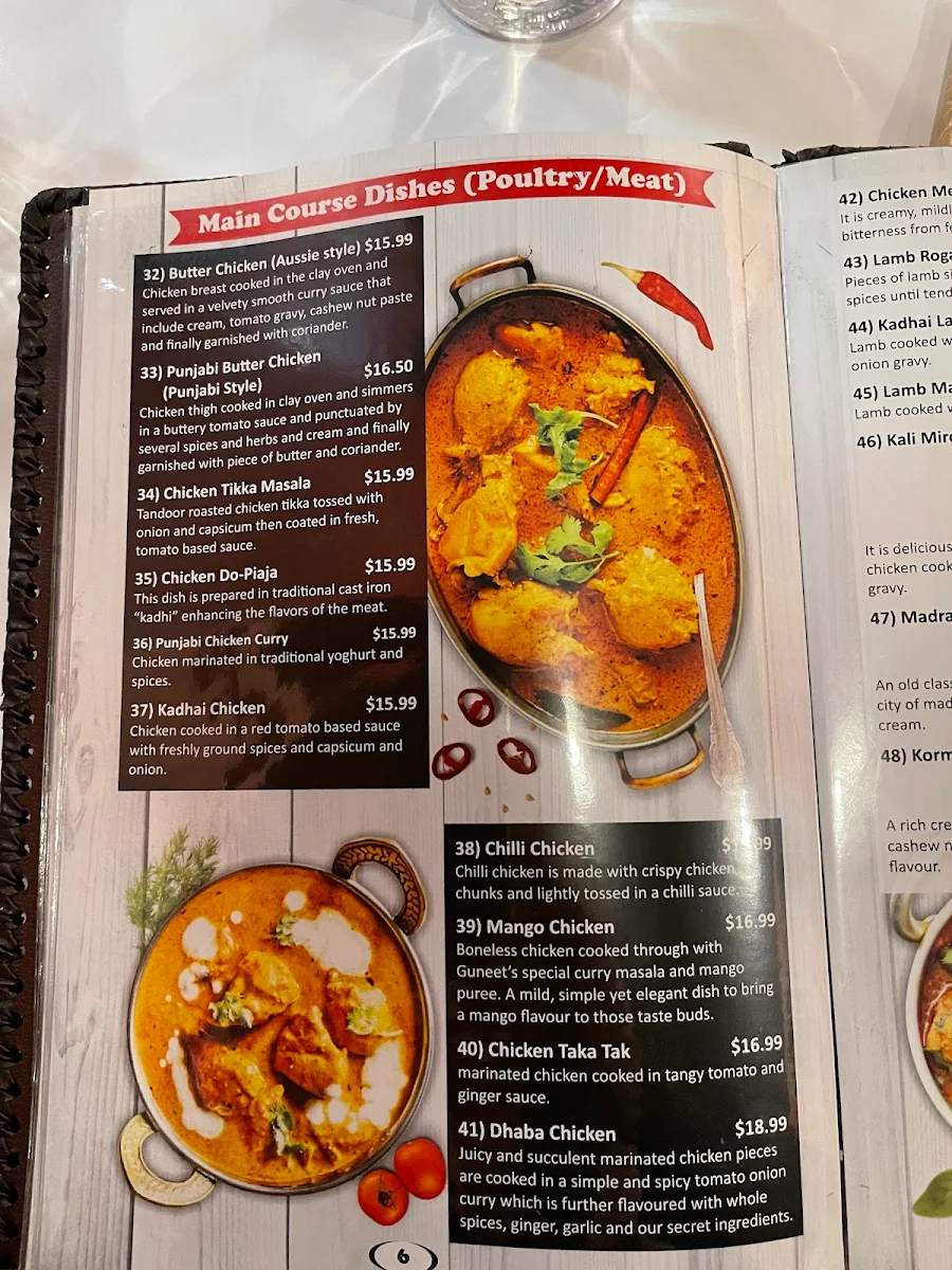 Menu, Guneet's Indian Restaurant Melton