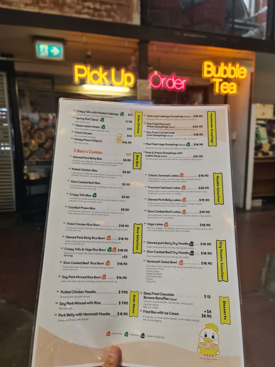 Menu, Dada Dumpling and Laksa