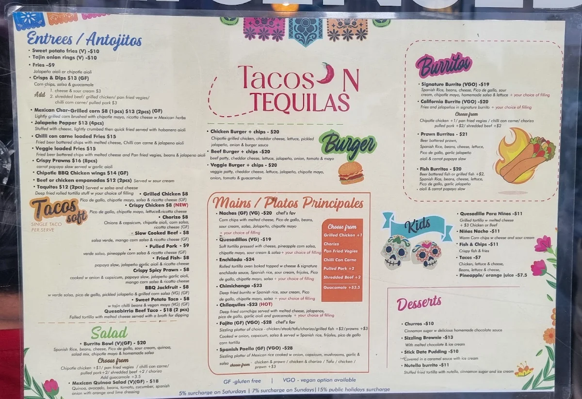 Menu, Tacos ‘N’ Tequilas Belgrave
