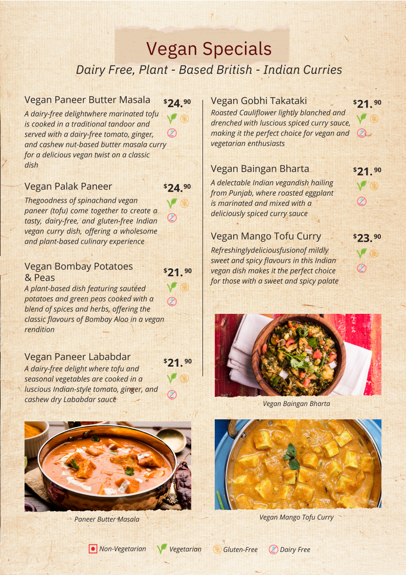 Menu, The Colonial British Indian Cuisine | Darlinghurst