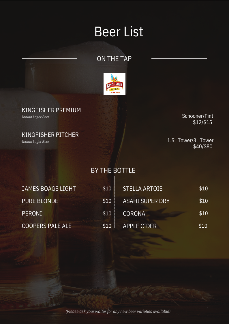 Menu, The Colonial British Indian Cuisine | Darlinghurst