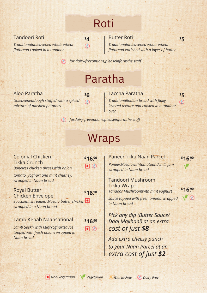 Menu, The Colonial British Indian Cuisine | Darlinghurst
