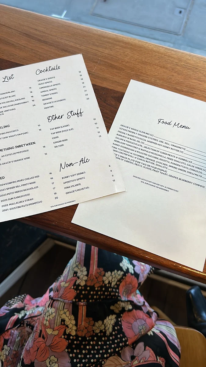 Menu, Gracie's Wine Room