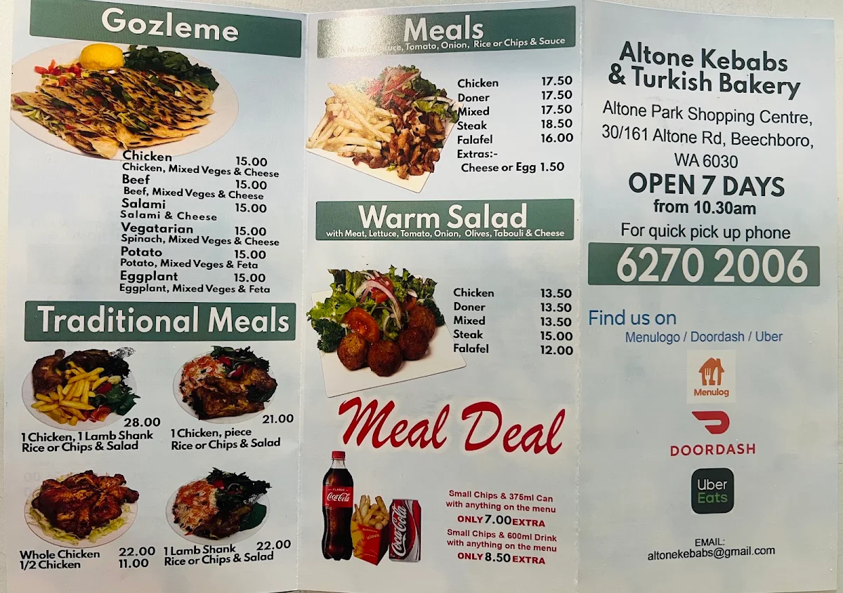Menu, Altone Kebabs & Turkish Bakery