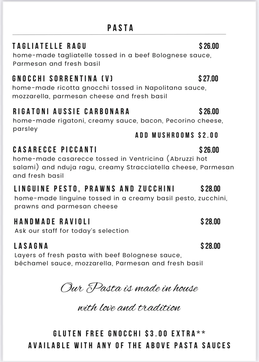 Menu, Eataly Pasta & Pizza