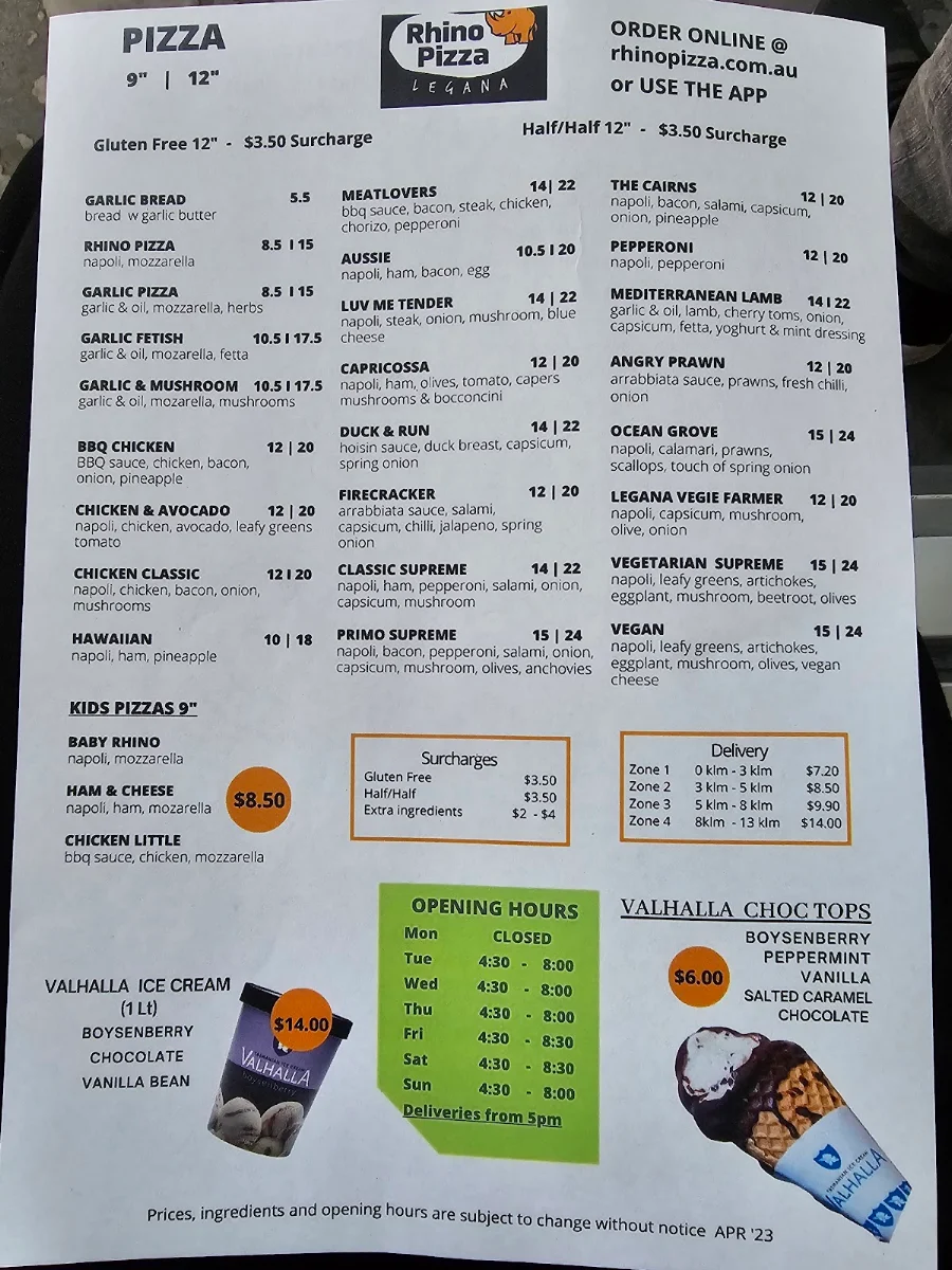 Menu, Rhino Pizza