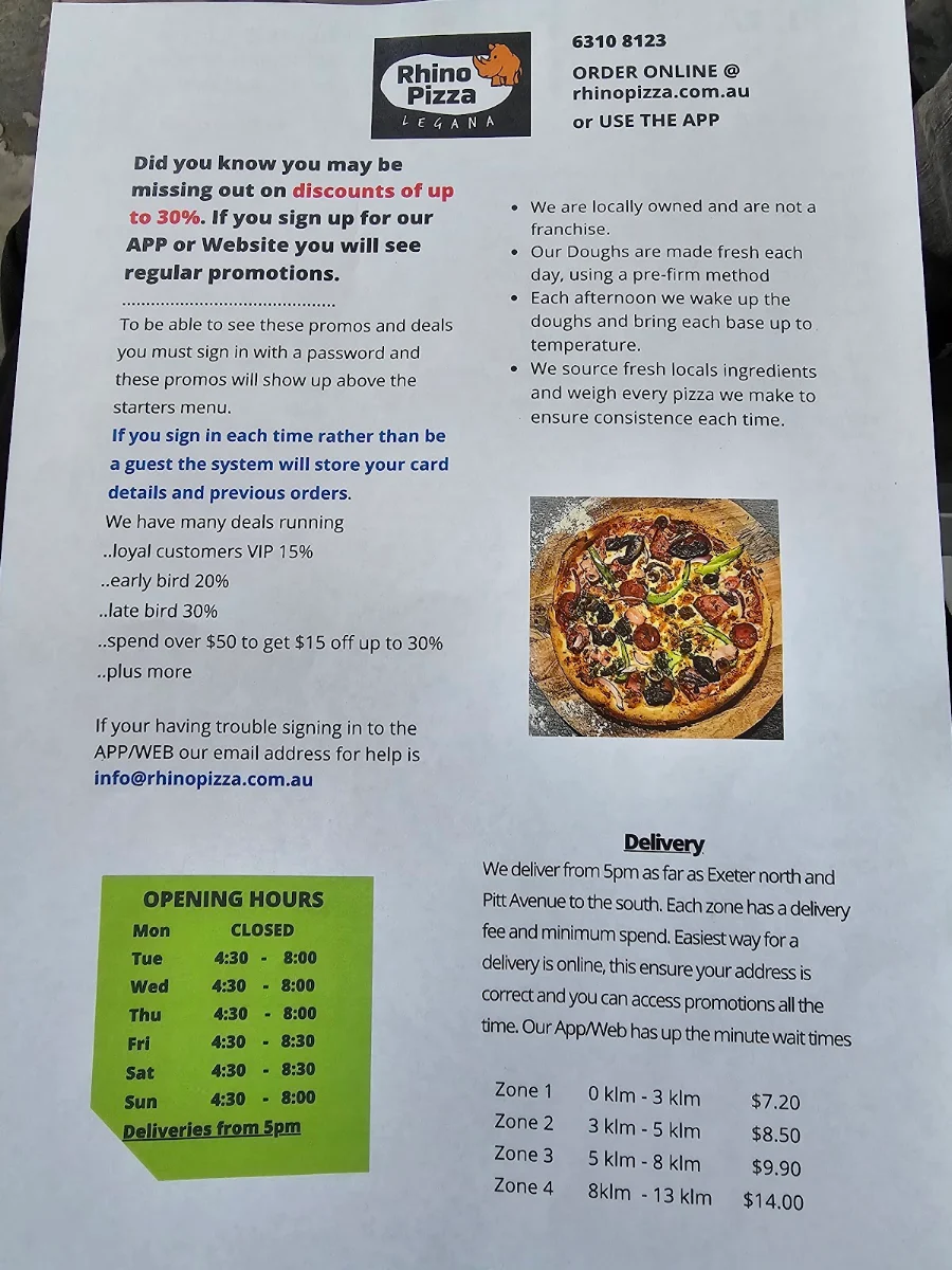 Menu, Rhino Pizza