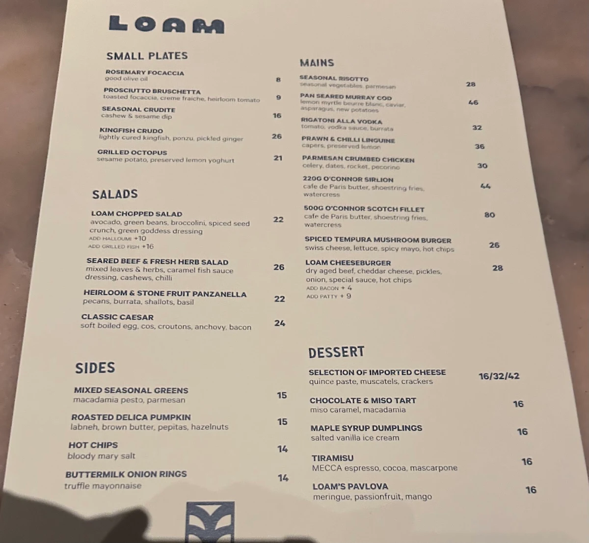 Menu, LOAM Surry Hills