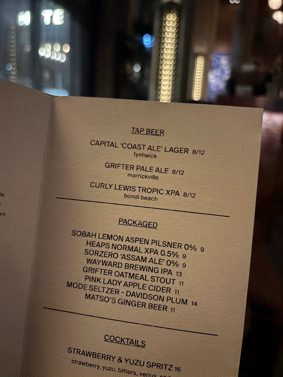 Menu, LOAM Surry Hills