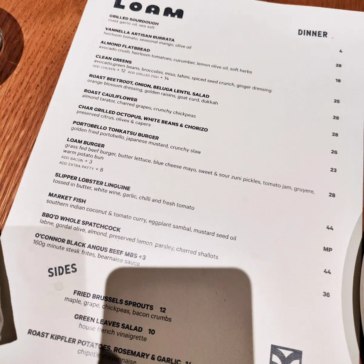Menu, LOAM Surry Hills