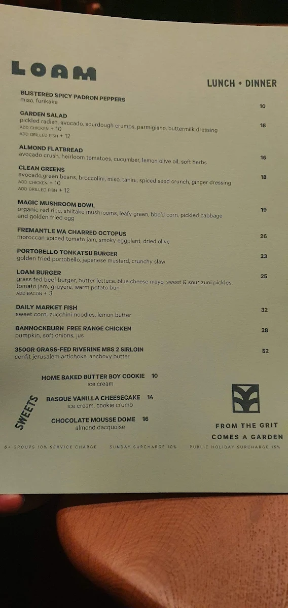 Menu, LOAM Surry Hills