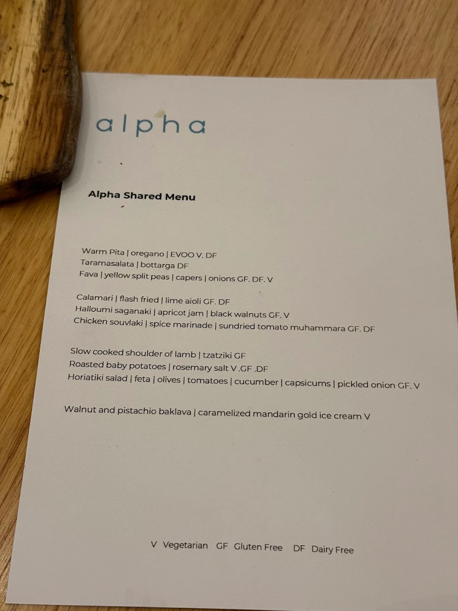 Menu, Alpha Dining