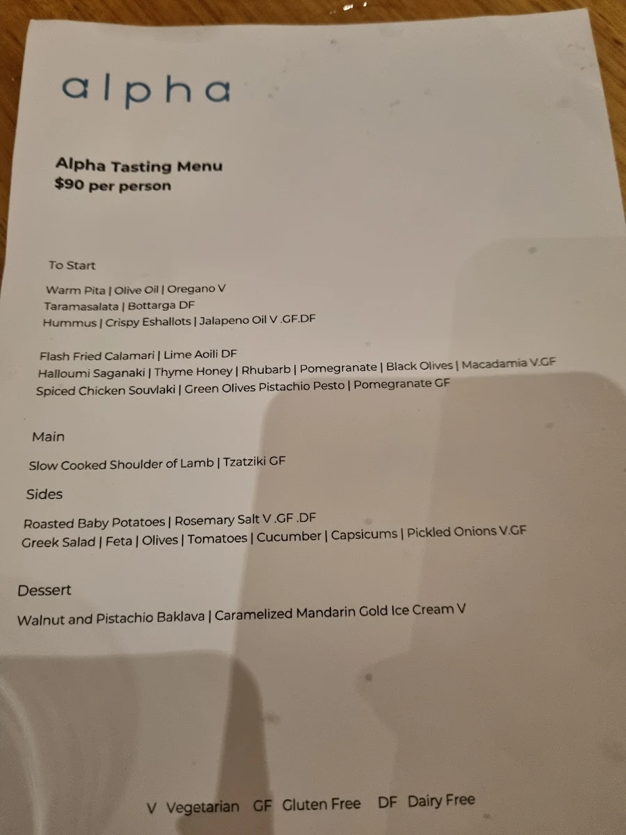 Menu, Alpha Dining