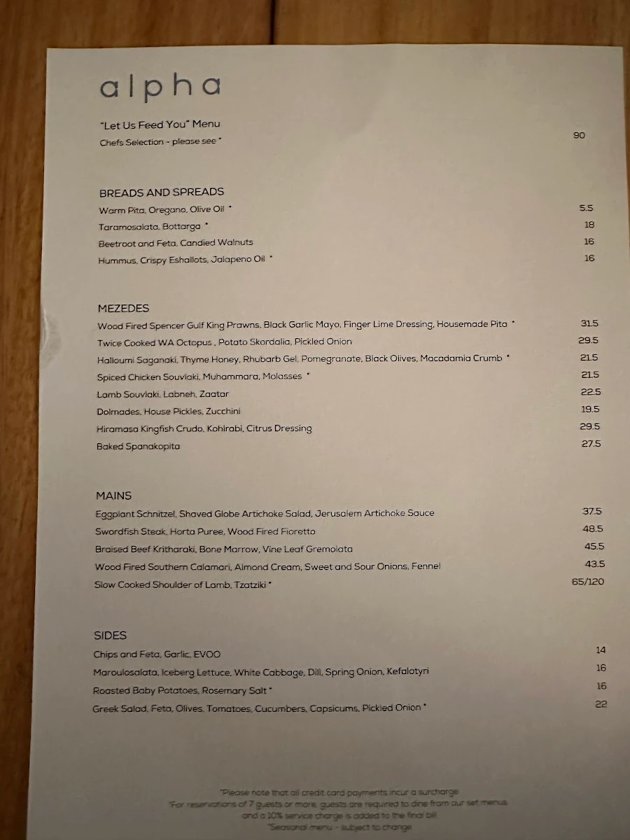 Menu, Alpha Dining