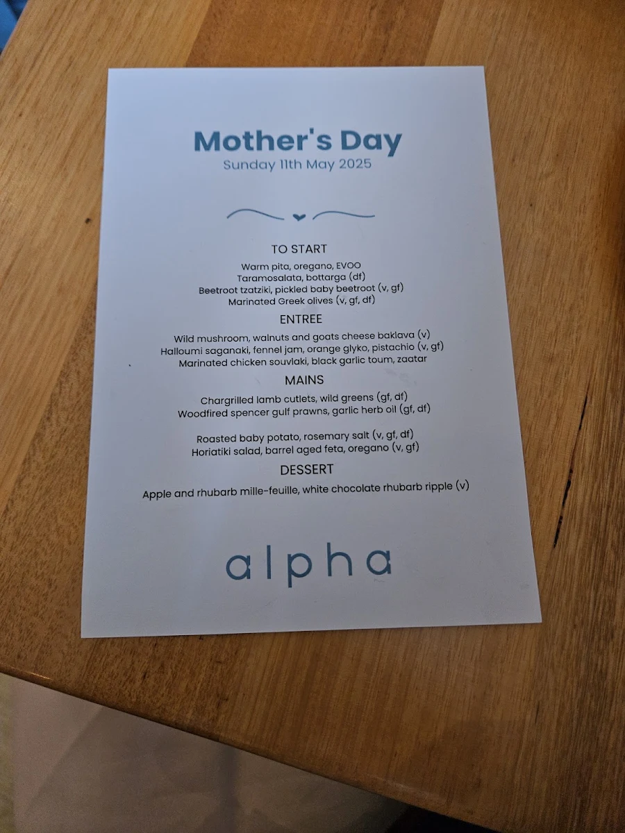Menu, Alpha Dining