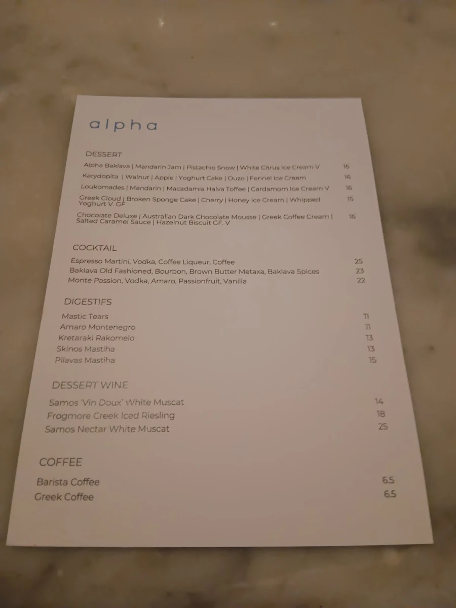 Menu, Alpha Dining