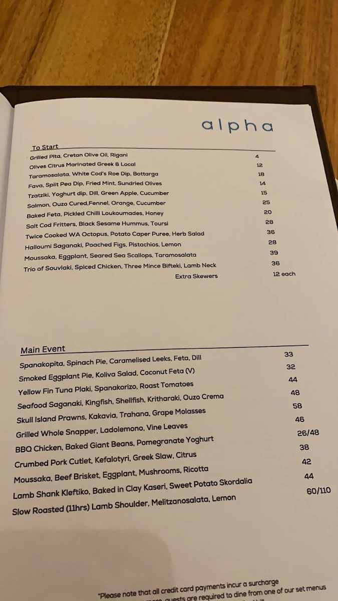 Menu, Alpha Dining