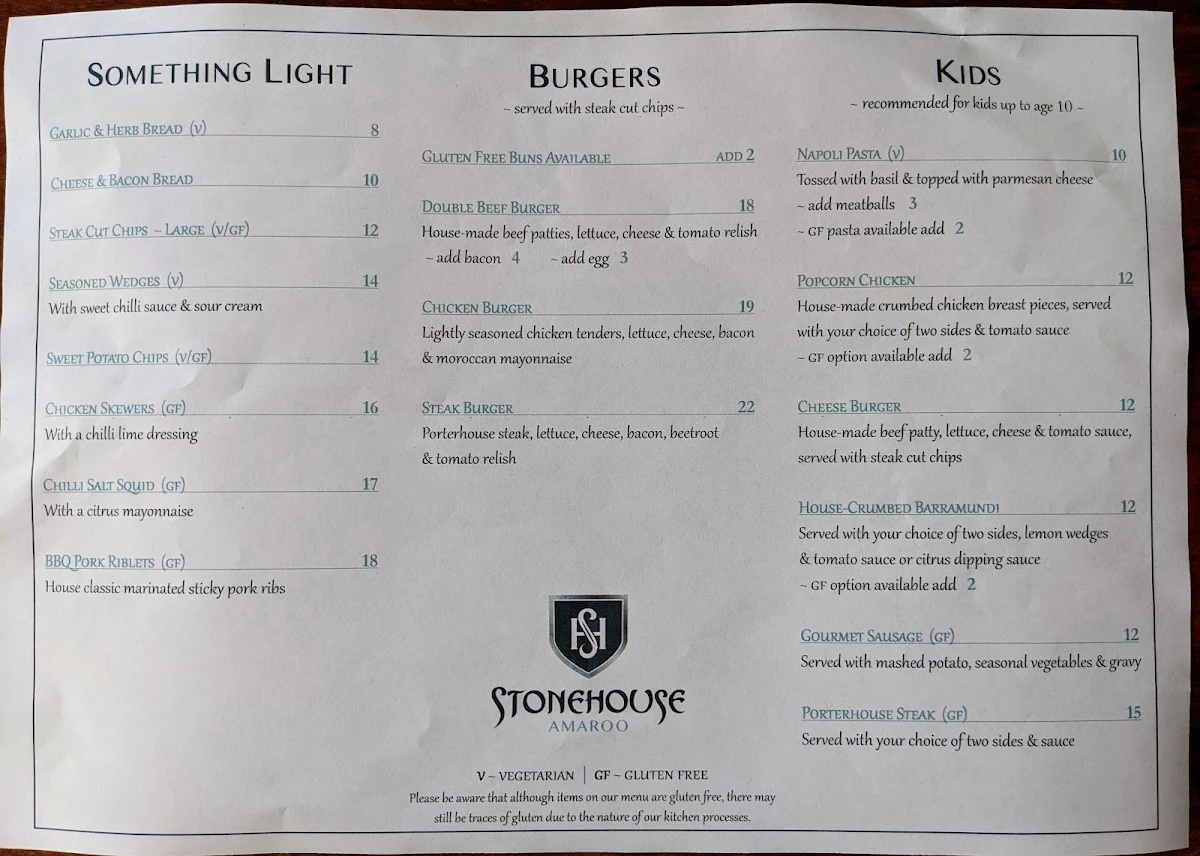 Menu, Stonehouse Cafe & Pub - Amaroo