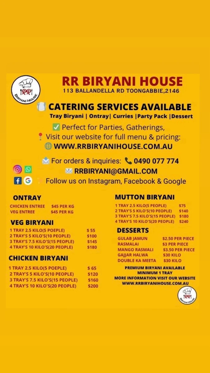 Menu, RR Biryani House Quakers hill