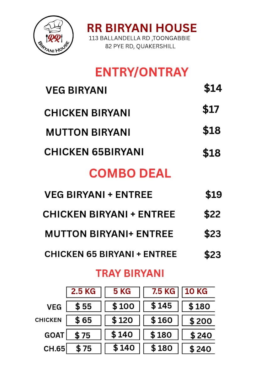Menu, RR Biryani House Quakers hill