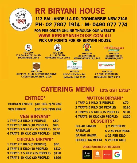Menu, RR Biryani House Quakers hill