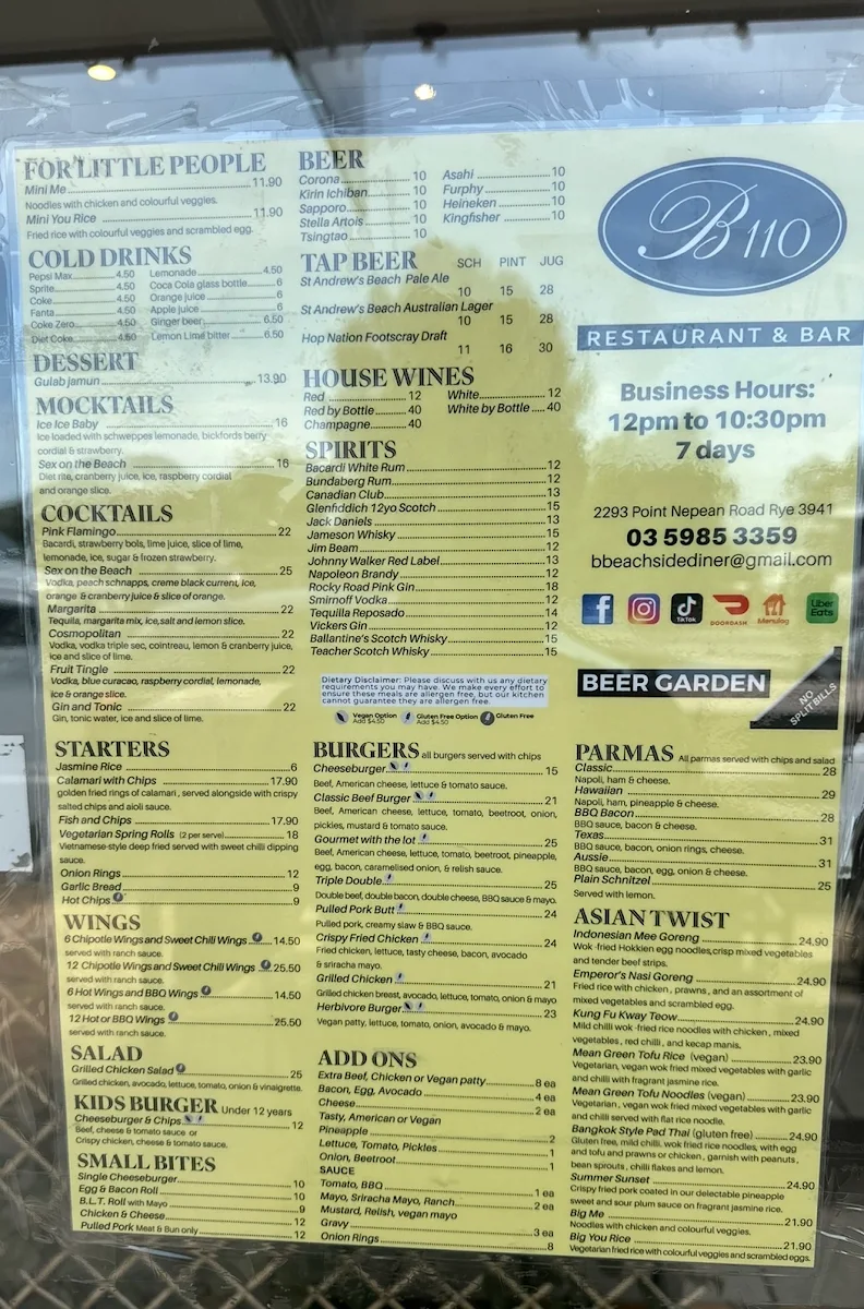 Menu, B110 Restaurant And Bar Rye