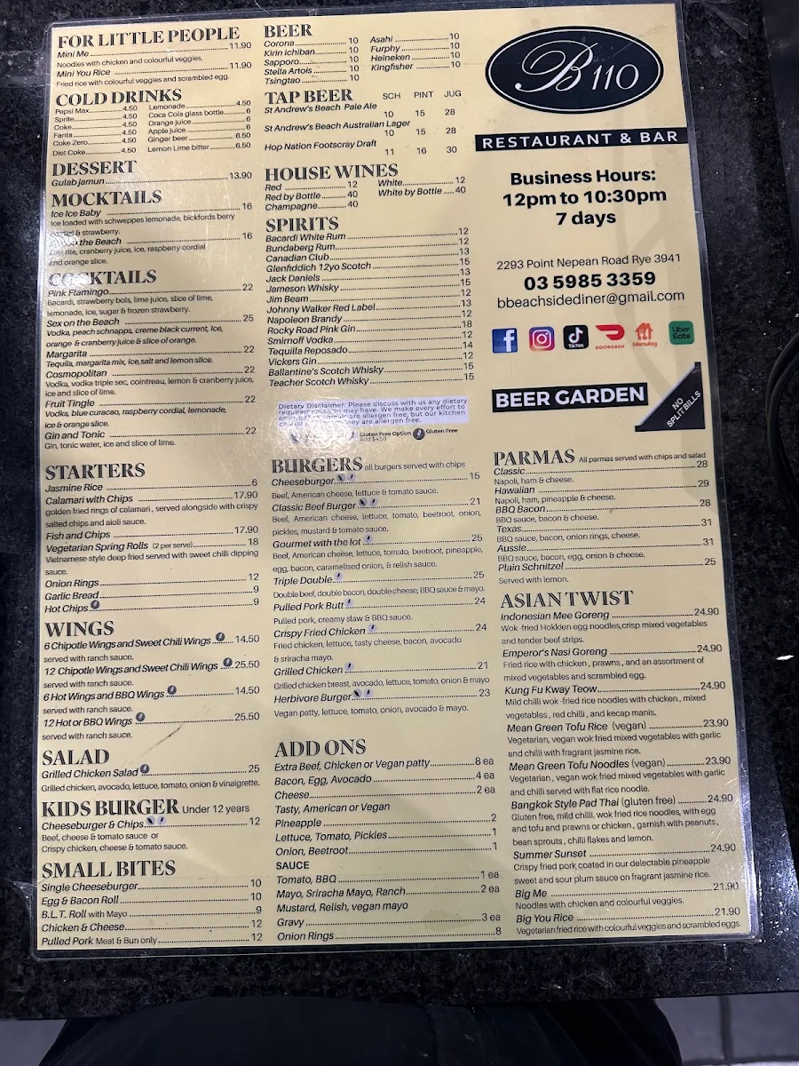 Menu, B110 Restaurant And Bar Rye
