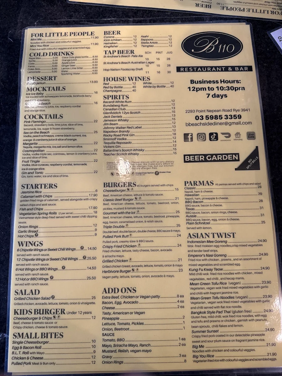 Menu, B110 Restaurant And Bar Rye