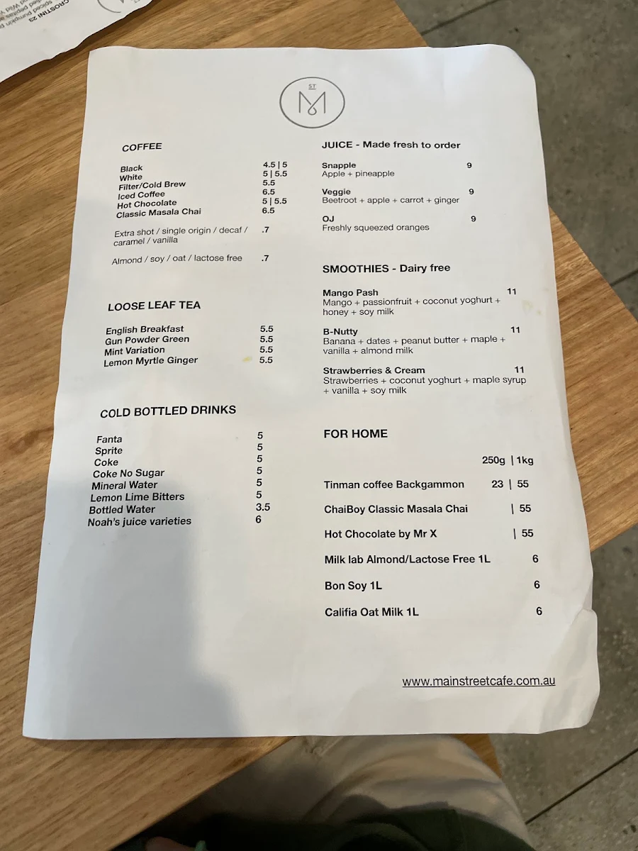 Menu, Main Street Cafe