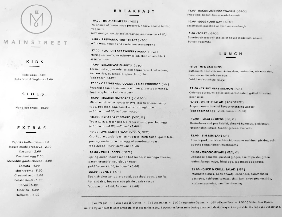 Menu, Main Street Cafe