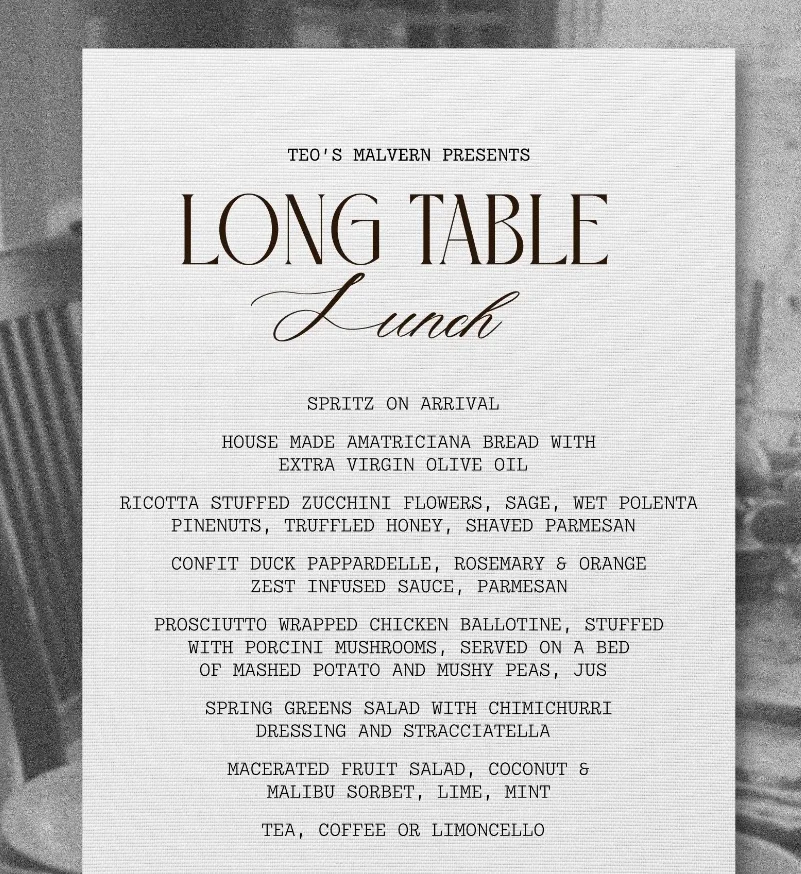Menu, Teo's Pizza & Bar - Malvern