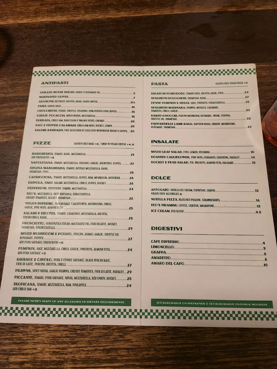 Menu, Teo's Pizza & Bar - Malvern