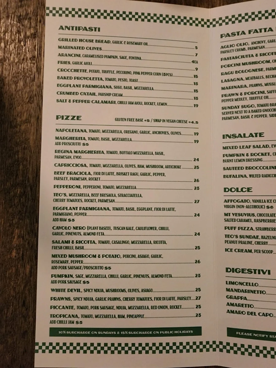 Menu, Teo's Pizza & Bar - Malvern