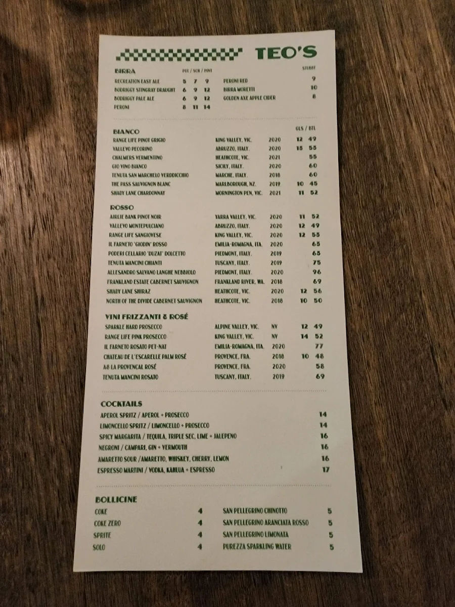 Menu, Teo's Pizza & Bar - Malvern