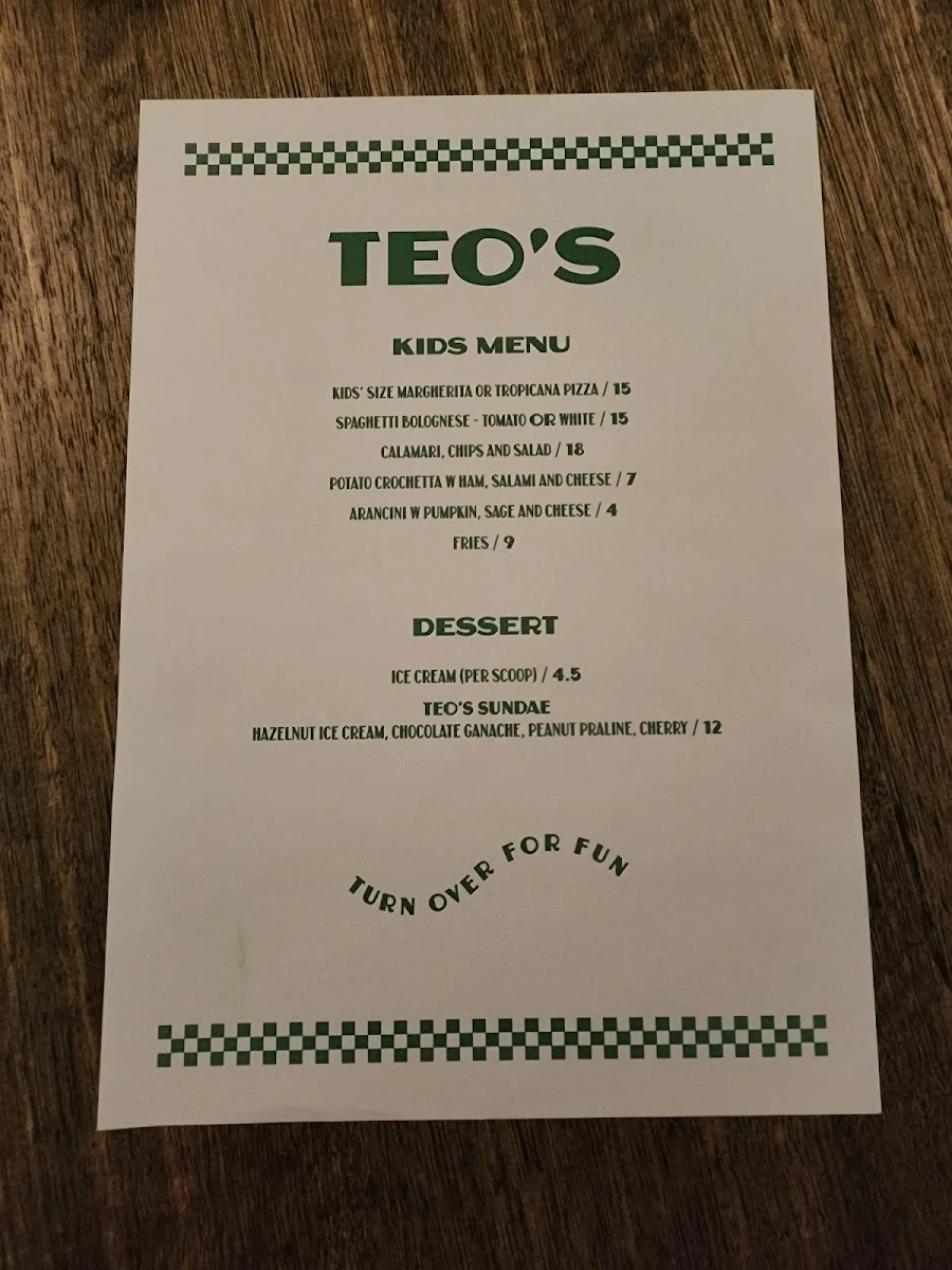 Menu, Teo's Pizza & Bar - Malvern